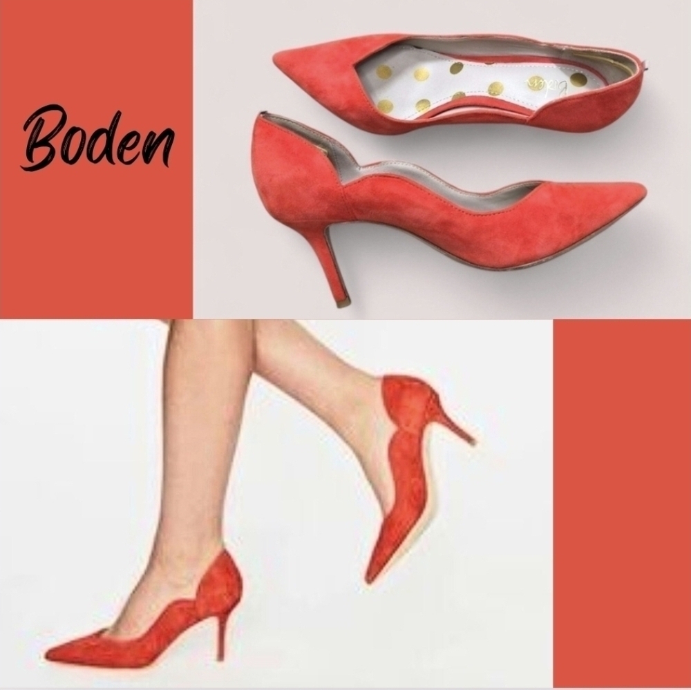 Boden Suede Leather Madison Courts Burnt Orange Scallop Heels Size 7.5